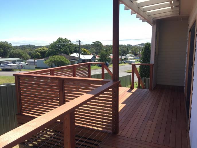 Merbau decking, screening and handrail with stainless steel balustrade 